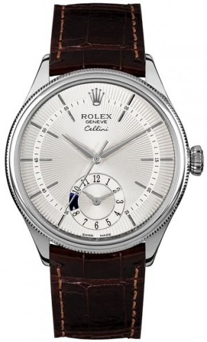 Orologio Rolex Cellini Dual Time Quadrante Argento Quadrante Marrone Cinturino Marrone Uomo 50529