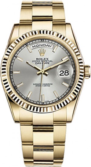 Rolex Day-Date 36 Silver Dial Orologio d'oro massiccio 118238