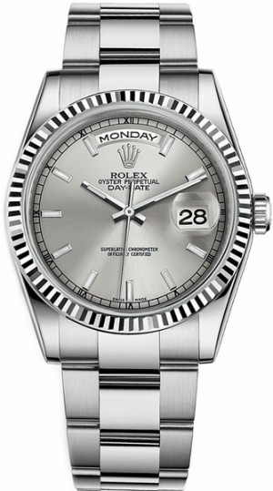 Rolex Day-Date 36 Argento Quadrante Argento Orologio Oro Bianco 118239