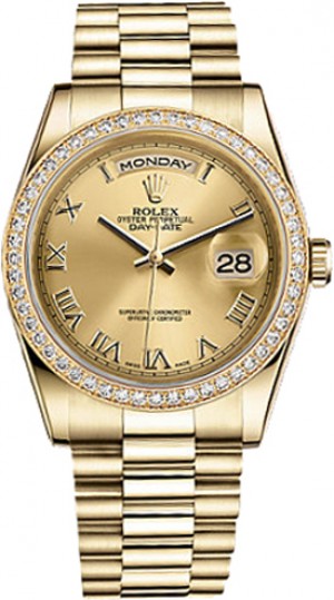 Rolex Day-Date 36 Champagne Orologio d'oro con quadrante a numeri romani 118348