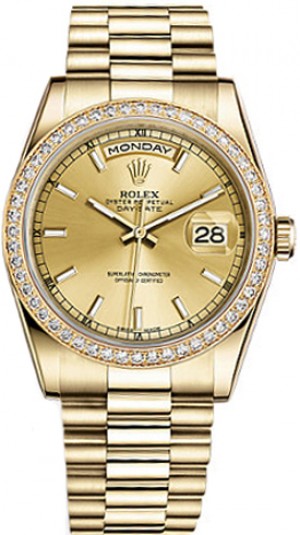 Rolex Day-Date 36 Champagne Quadrante Champagne Orologio d'oro 118348
