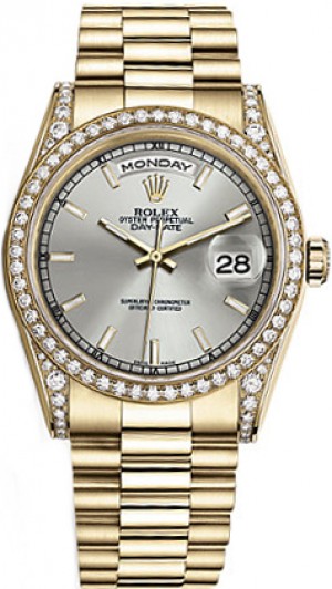 Rolex Day-Date 36 Argento Quadrante Argento Diamante Lunetta Oro Orologio 118388