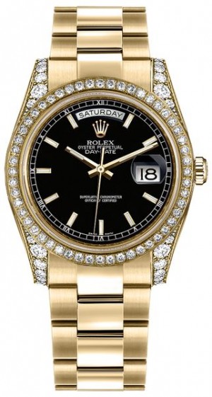 Rolex Day-Date 36 Nero Quadrante Nero Orologio Oyster Bracciale Oyster in oro 118388