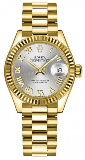 Rolex Lady-Datejust 28 Silver Dial Orologio da donna con lunetta scanalata 279178