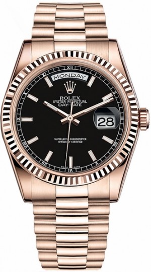 Rolex Day-Date 36 Orologio d'oro con lunetta scanalata Rolex Day-Date 36 Nero Orologio d'oro 118235