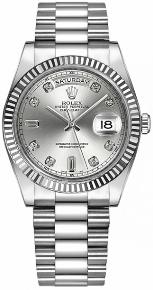 Rolex Day-Date 36 Silver Diamond Dial Orologio d'oro bianco 118239